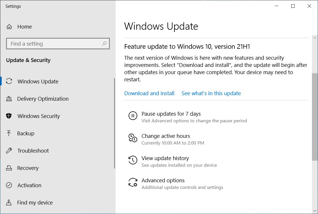 Windows 10 2004 arrive en fin de service le mois prochain 2 Mise à jour des fonctionnalités de Windows 10 21H1