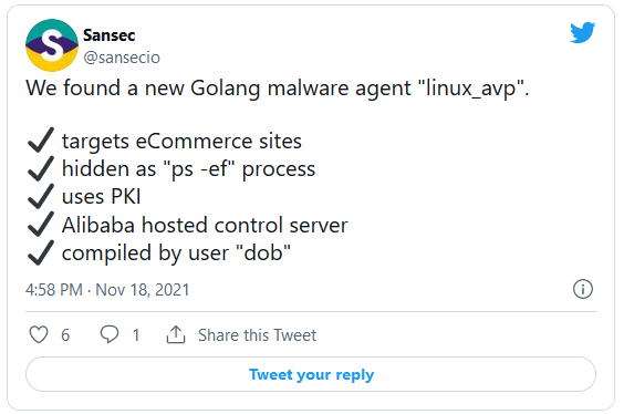 Les pirates déploient des logiciels malveillants Linux, un écumeur Web sur des serveurs de commerce électronique 2 Sansec - linux_avp Malware Linux Golang