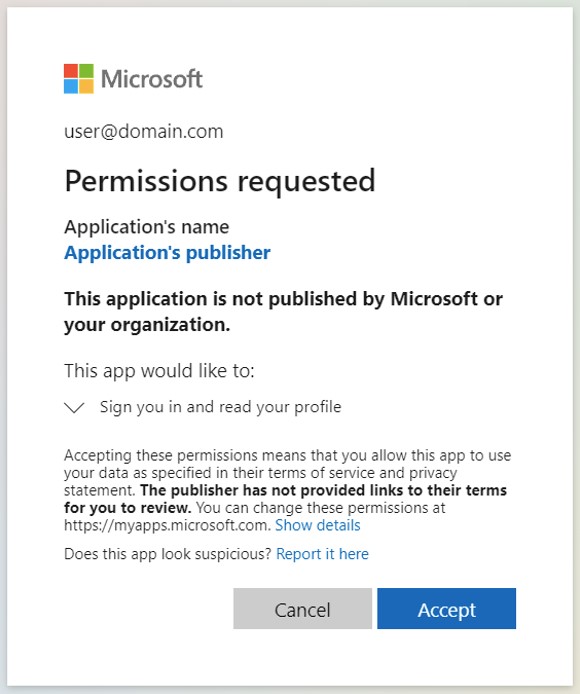 Écran de consentement de Microsoft lors de l'authentification