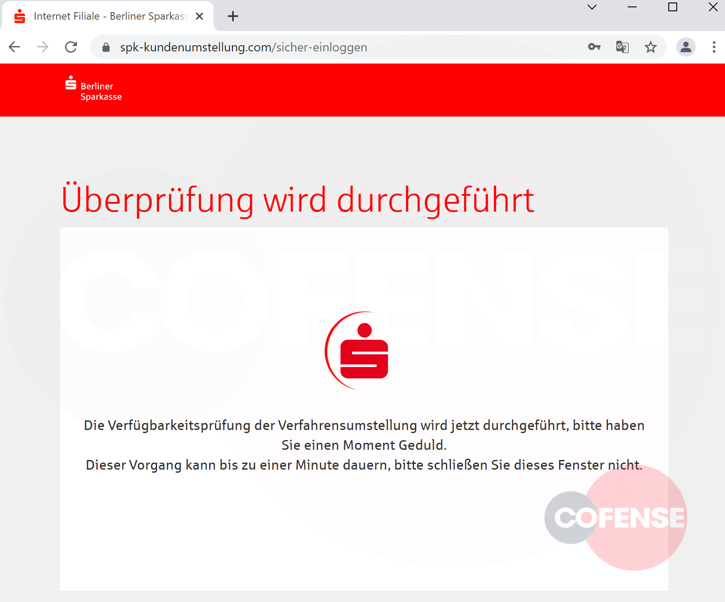 Écran de vérification sur le site de phishing