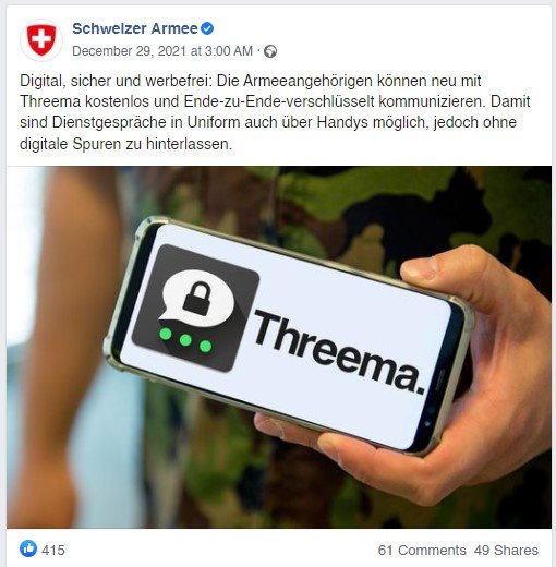 Publication Facebook de l'armée suisse