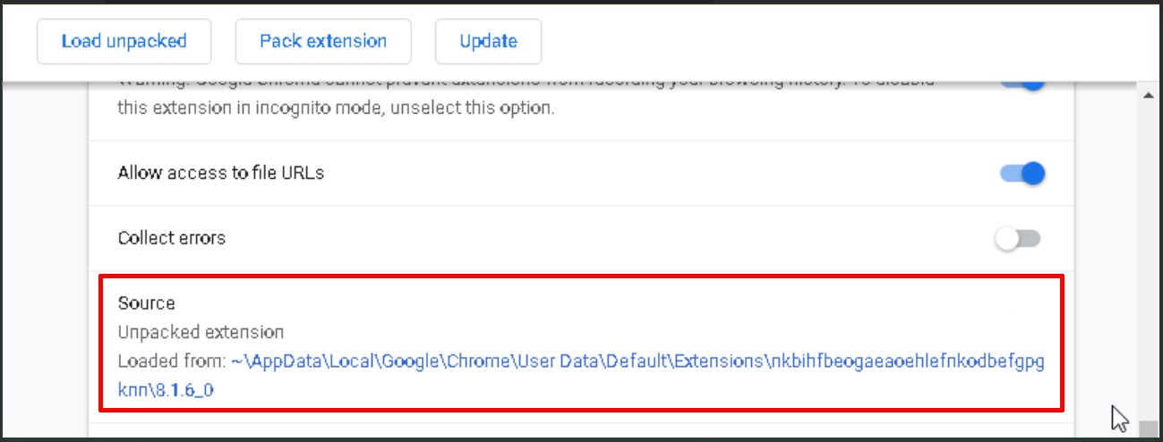 Extension affichant un dossier local comme source d'installation