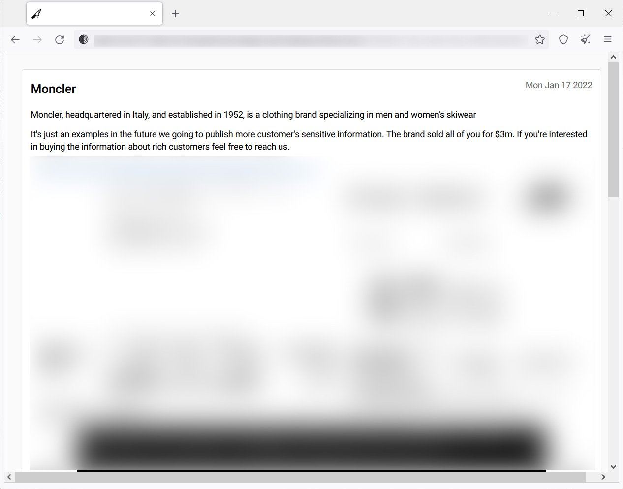 Page de fuite de données Moncler sur le site ALPHV Tor