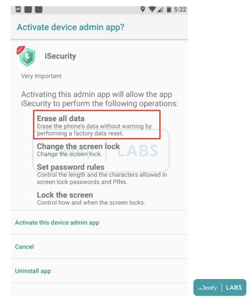 Autorisation de réinitialisation d'usine demandée par l'application BRATA lacée