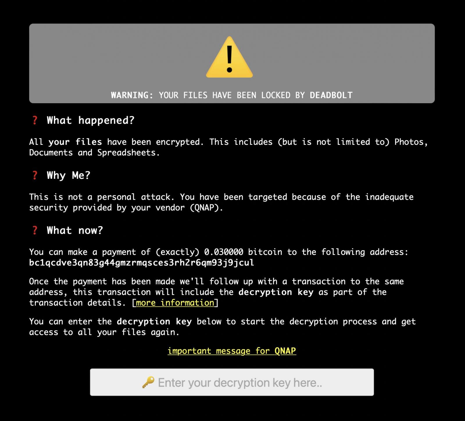 Note de rançon sur la page de connexion QNAP piratée