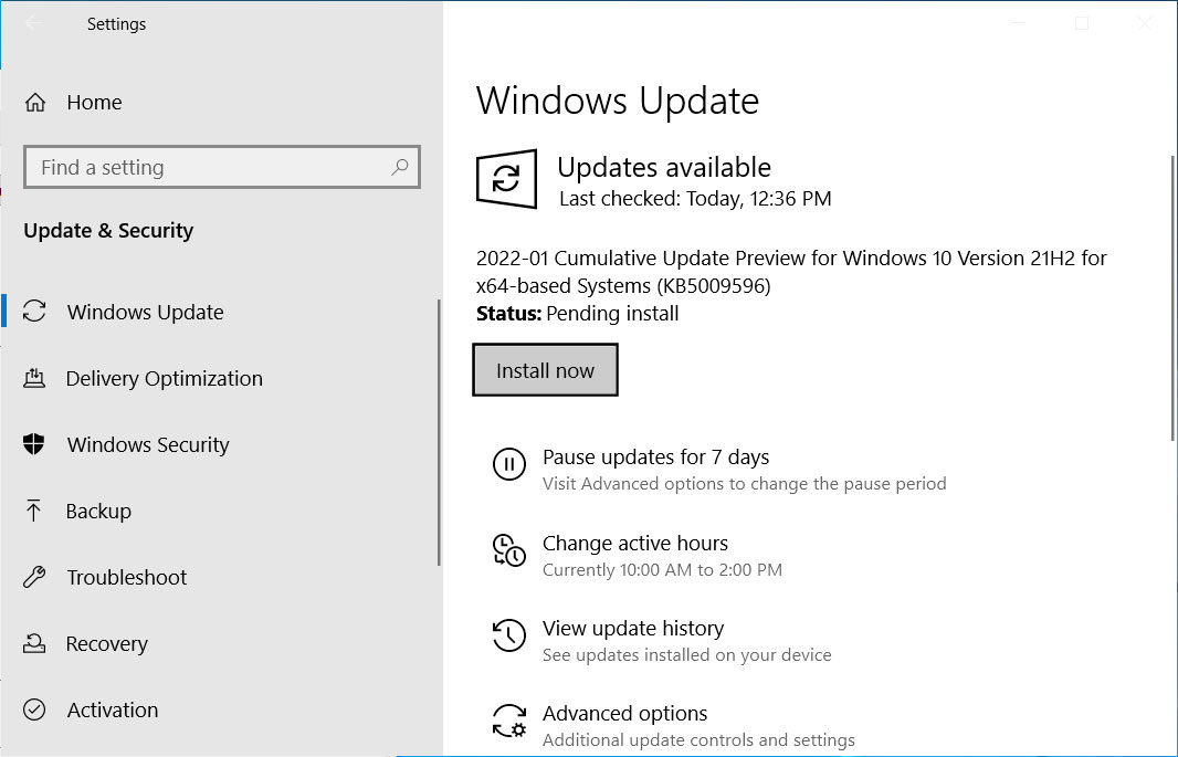 Mise à jour facultative Windows 10 KB5009596