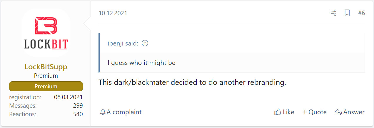 Représentant de LockBit déclarant qu'ALPH est une nouvelle image de DarkSide