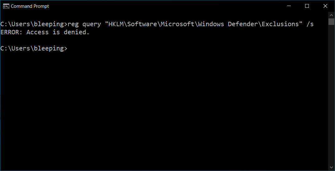 L'accès aux exclusions Defender est désormais bloqué