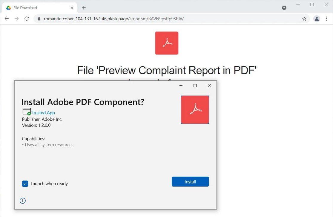 App Installer invitant à installer un faux composant Adobe PDF