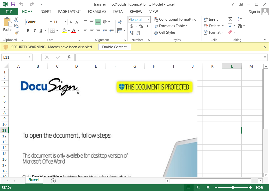 Le leurre DocuSign qui incite les utilisateurs à activer le contenu
