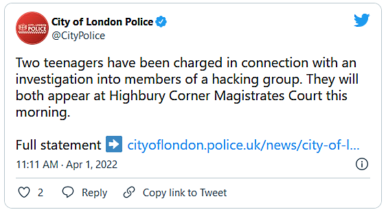Tweet de la police de la ville de Londres Lapsus$