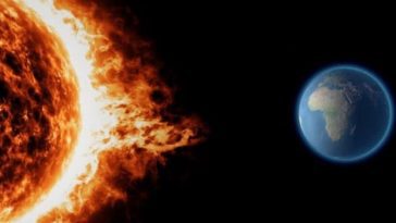 Ilustração erupção solar contra a Terra