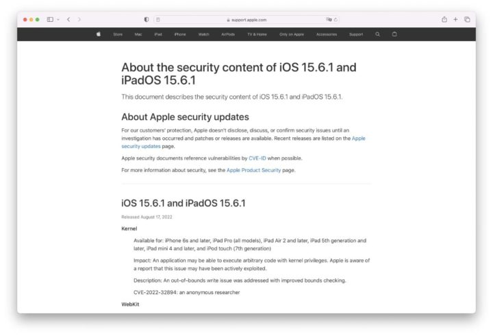 Image Page des mises à jour Apple avec description des vulnérabilités corrigées avec iOS 15.6.1