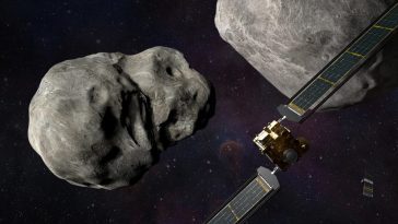 Ilustração da nave DART em direção ao asteroide Dimorphos, do sistema binário Dimorphos-Didymos