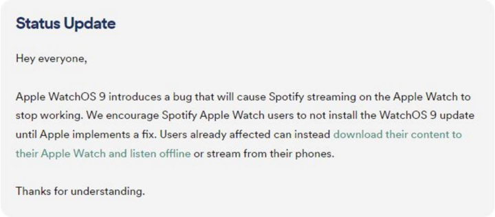 Spotify avertit les propriétaires d'Apple Watch de ne pas mettre à jour vers WatchOS 9 en raison d'un bug 3 Bogue Apple Watch Spotify WearOS 9