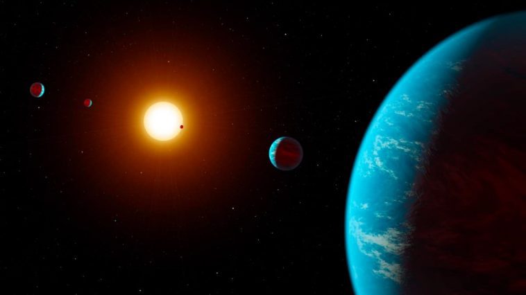 Trois Terres et deux Mercures ont été découverts en orbite autour d'un seul système 1 Ilustração da descoberta de estrela com 2 Mercúrios e 3 Terras