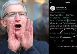 Imagem de Tim Cook e o tweet do Twitter com a hashtag #TakeNote que a Google quis gozar