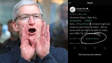 Imagem de Tim Cook e o tweet do Twitter com a hashtag #TakeNote que a Google quis gozar