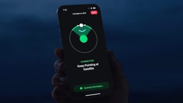 Ilustração do SOS de Emergência via Satélite no iPhone da Apple no iPhone 14