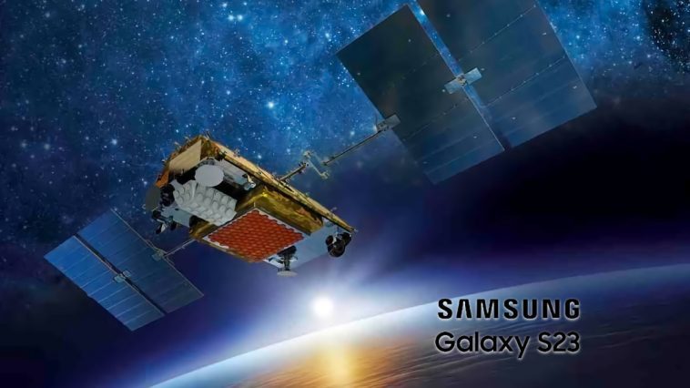 Ilustração Smartphones Samsung Galaxy S23 com ligações de satélites Iridium