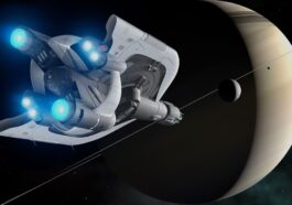 Ilustração de nave detetada via análise ondas gravitacionais