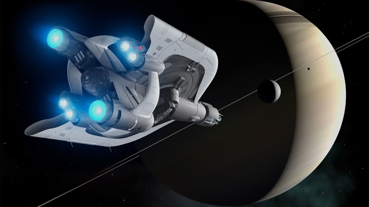 Ilustração de nave detetada via análise ondas gravitacionais