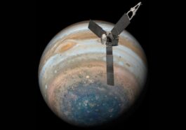 Ilustração da sonda Juno da NASA a passar por Júpiter