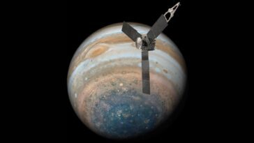 Ilustração da sonda Juno da NASA a passar por Júpiter