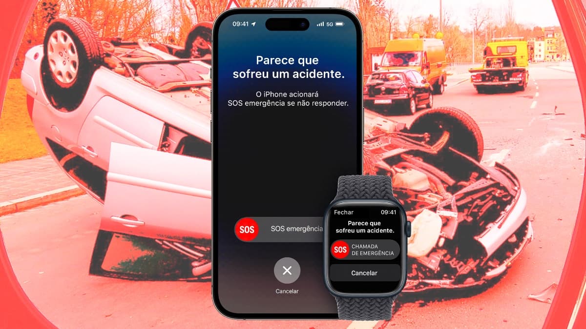 Ilustração da funcionalidade Deteção de acidente no iPhone 14
