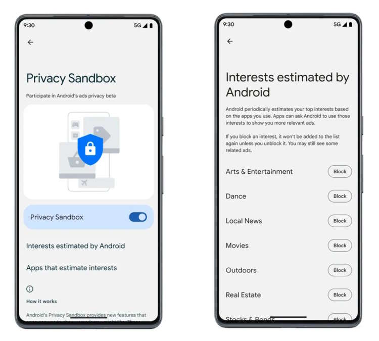 Confidentialité Sandbox Android 13 Applications de confidentialité Google