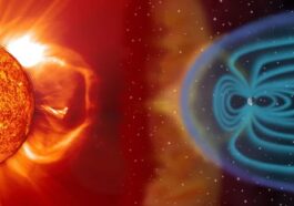 Imagem de uma tempestade no Sol e do escudo da Terra
