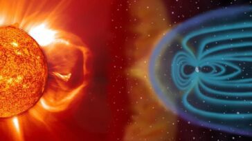 Imagem de uma tempestade no Sol e do escudo da Terra