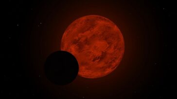 Ilustração do trânsito do exoplaneta GJ 486 b em frente à sua estrela