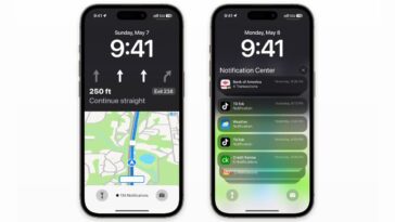 Ilustração do iOS 17 com mapas no Ecrã Bloqueado