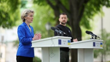 Presidente da Comissão Europeia, Ursula von der Leyen, e Volodymyr Zelenskyy, presidente da Ucrânia