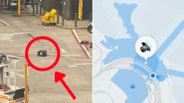 Imagem da mala localizada pelos olhos e pela AirTag da Apple... mas não pena companhia aérea