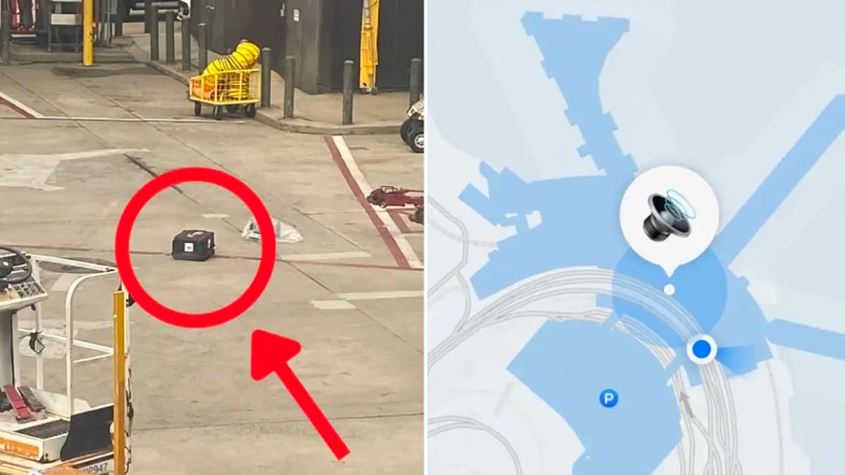Imagem da mala localizada pelos olhos e pela AirTag da Apple... mas não pena companhia aérea