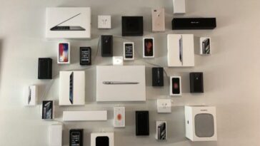Coleção de caixas de produtos da Apple