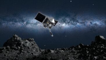 Ilustração da nave da NASA OSIRIS-REx a tocar no asteroide Bennu