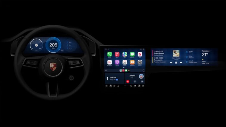 Aston Martin et Porsche présentent des interfaces Apple CarPlay personnalisées 1 Imagem do novo Apple CarPlay no habitáculo da Porsche