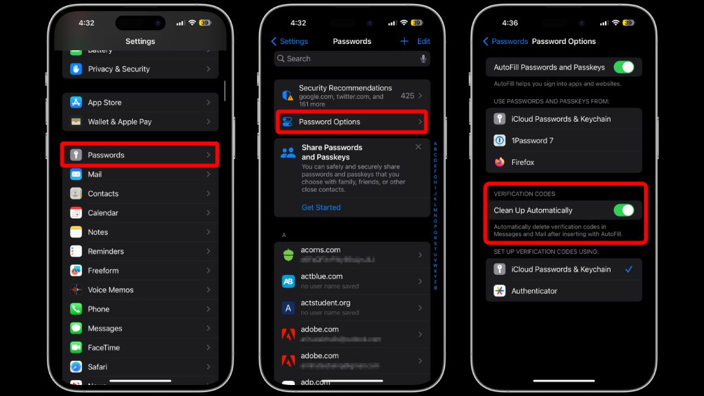 Fonctionnalité de confidentialité de sécurité des codes de vérification de suppression automatique bêta du développeur iOS 17 sur iPhone 15