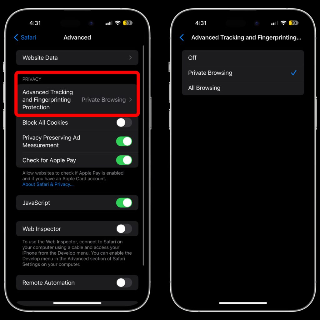 Fonctionnalité de confidentialité et de sécurité d'iOS 17 qui supprime les trackers des URL dans Safari sur iPhone 15