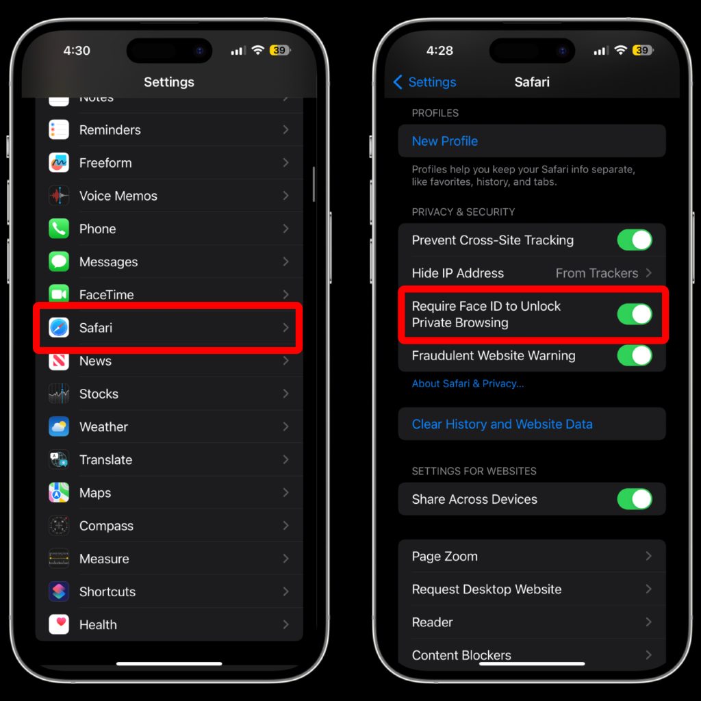 Fonction de sécurité iOS 17 qui nécessite Face ID pour déverrouiller la navigation privée sur iPhone 15