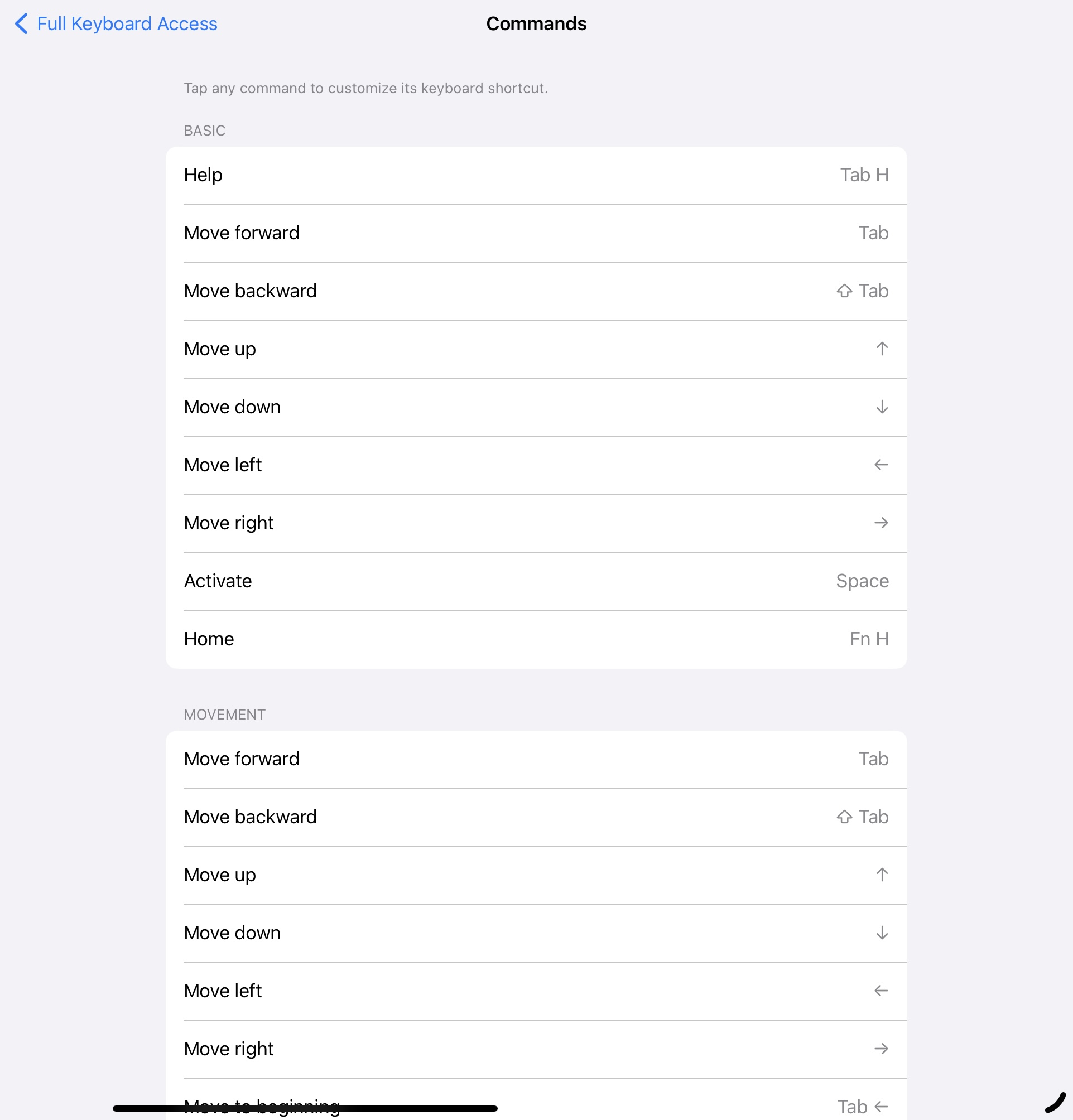 Liste complète des commandes d’accès au clavier iPad Pro
