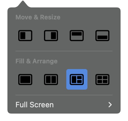 Options de mosaïque de fenêtre lors du survol du bouton de feu stop vert dans macOS Sequoia.