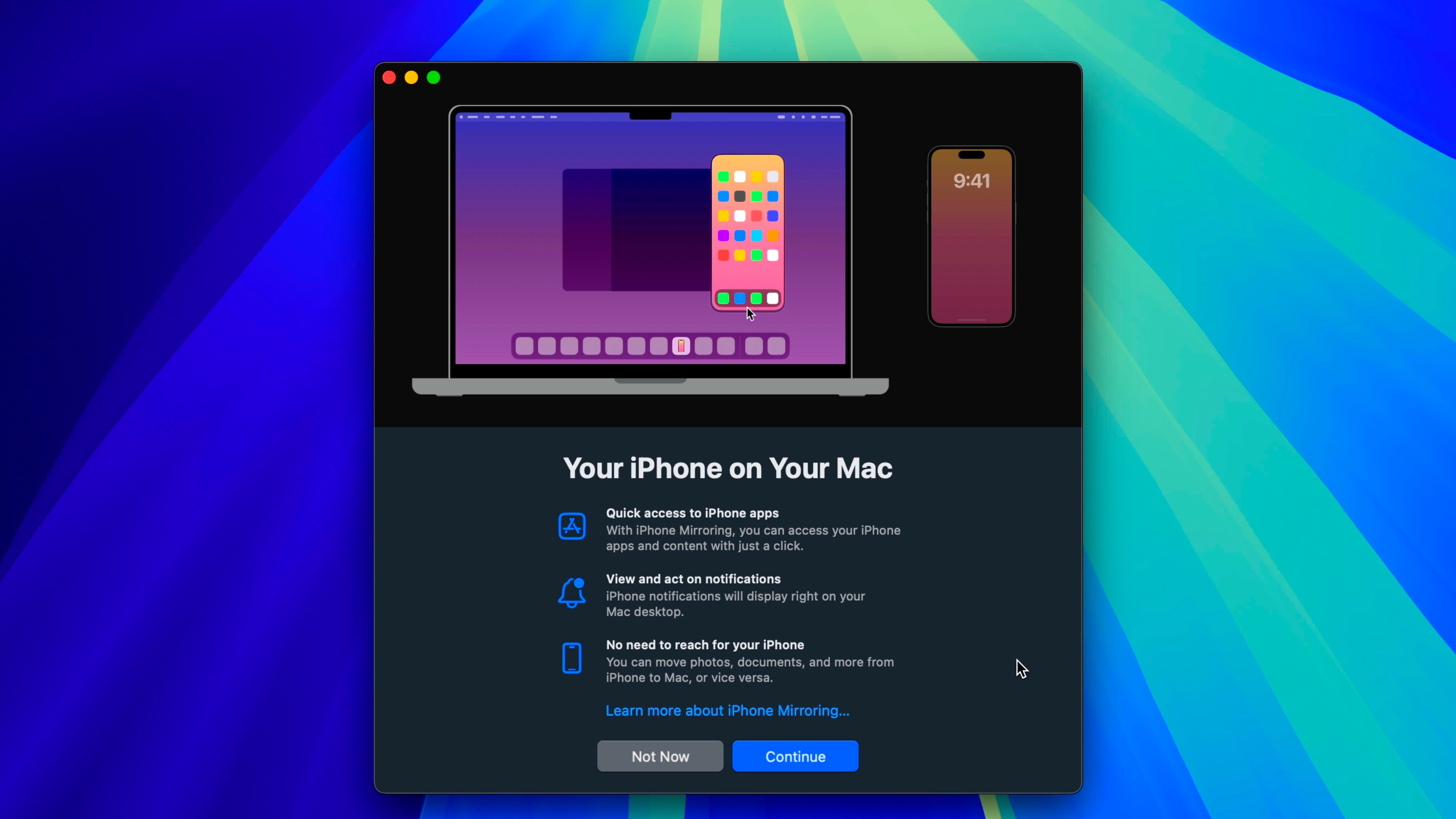 Écran de démarrage de mise en miroir de l'iPhone macOS Sequoia