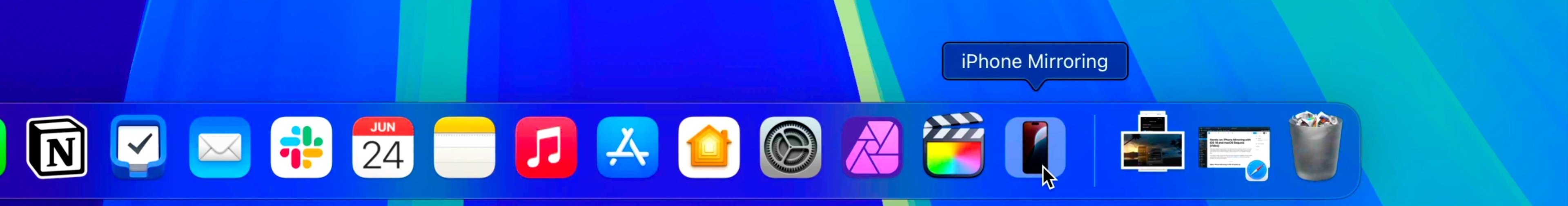Application iPhone Mirroring dans le dock macOS Sequoia