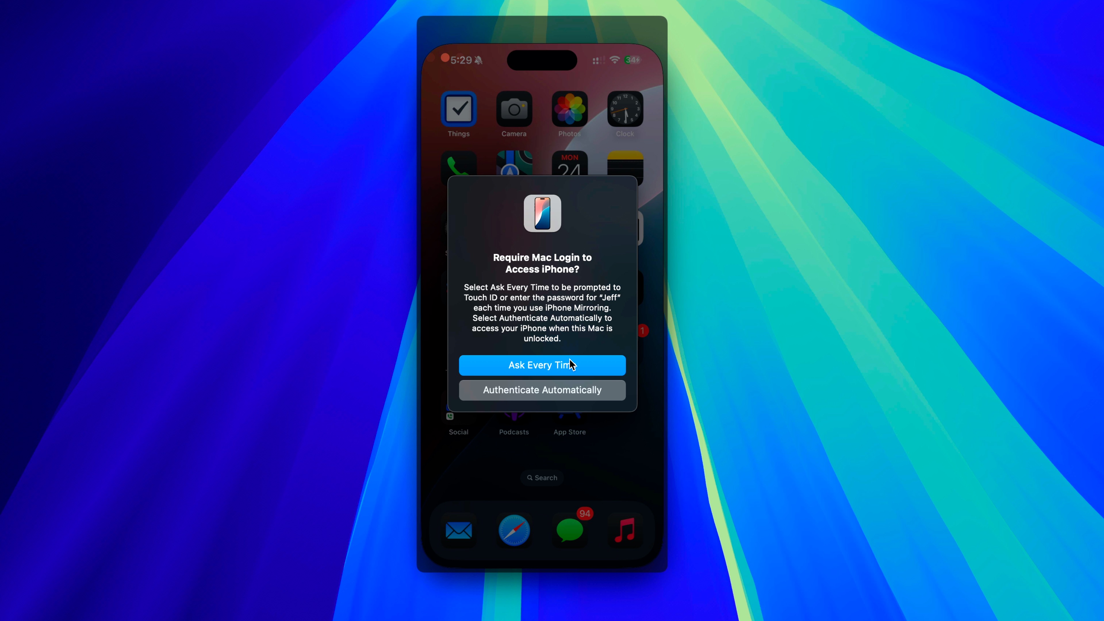 Exiger une connexion macOS iPhone MIrroring macOS Sequoia