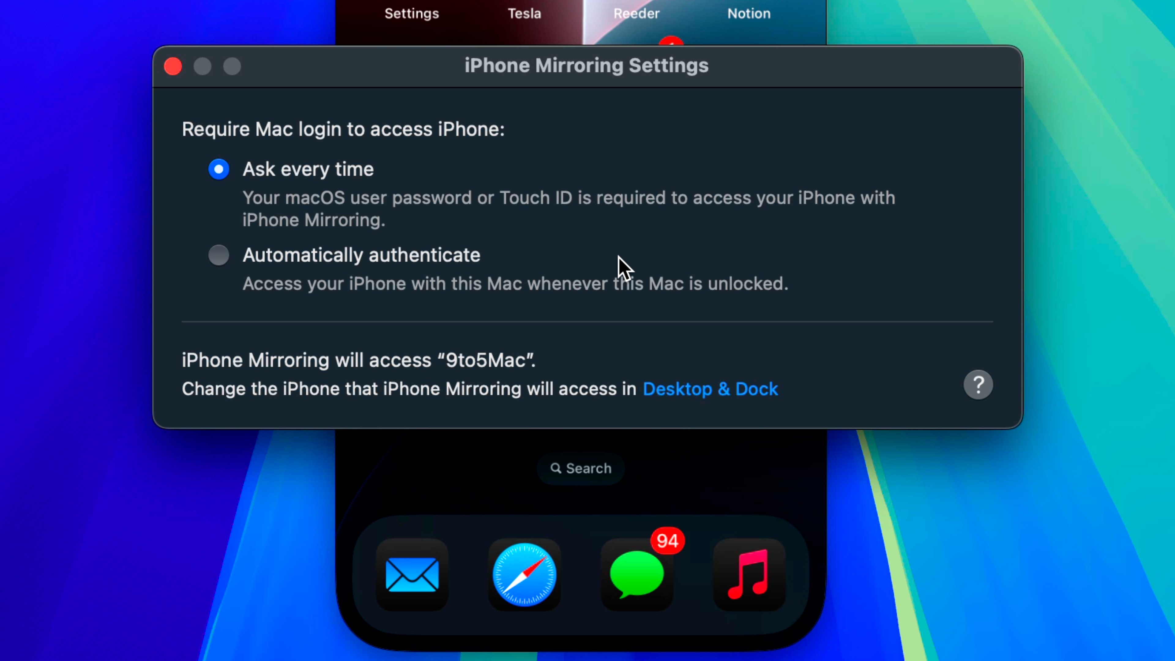 Paramètres de mise en miroir de l'iPhone macOS Sequoia,