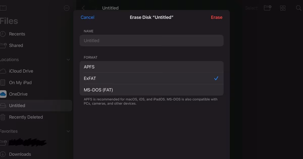 iPadOS 18 vous permet de formater des disques externes sur un iPad ;  trois options proposées